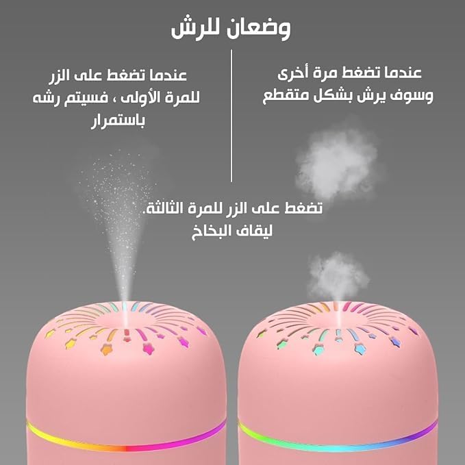 مرطب هواء صغير وموزع رائحة يعمل بالموجات فوق الصوتية مع ضوء ليلي وتشغيل هادئ، سعة كبيرة 300 مل وقوة 2 وات